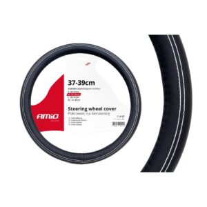 AMiO Κάλυμμα Τιμονιού Αυτοκινήτου με Διάμετρο 37-39εκ. από Δερματίνη Μαύρο με Λευκή Ραφή /AM