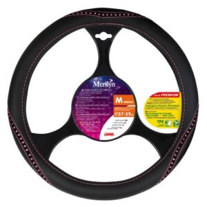 Lampa Κάλυμμα Τιμονιού Αυτοκινήτου Merilyn με Διάμετρο 37-39εκ. Συνθετικό Μαύρο με Ροζ Ραφή